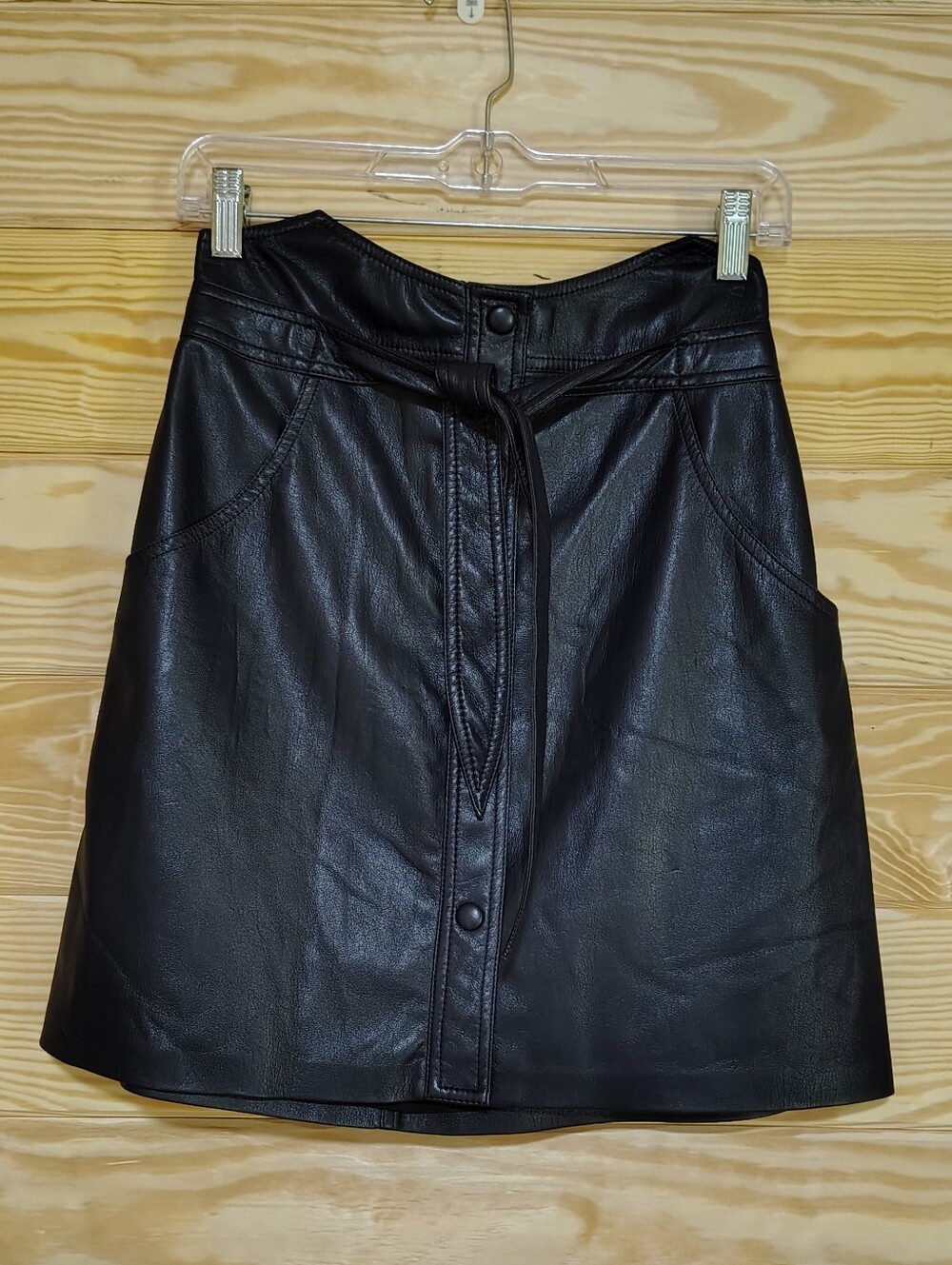 Nanushka Black Vegan Leather Mini Skirt Front Tie Button Up Pockets Coquette